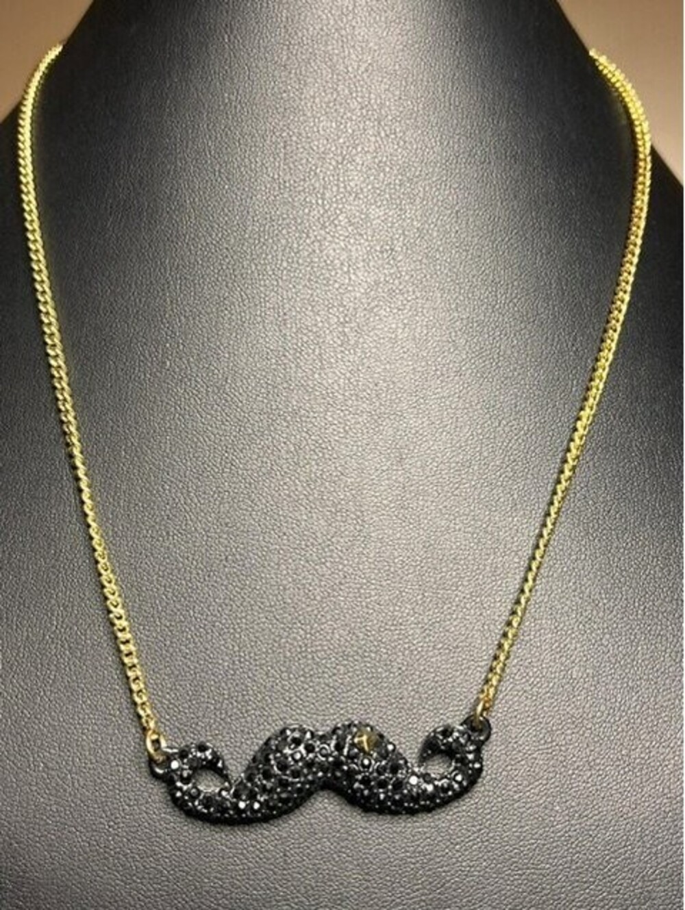 B7043 STEVE MADDEN Mustache Necklace Black Rhinestone Gold Tone 16-18"